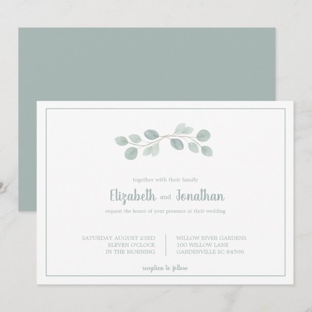 Invitation Elégant Mariage de branche Eucalyptus aquarelle (Devant / Derrière)