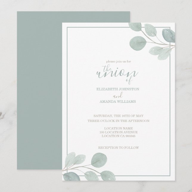 Invitation Elégant Mariage de branche Eucalyptus aquarelle (Devant / Derrière)