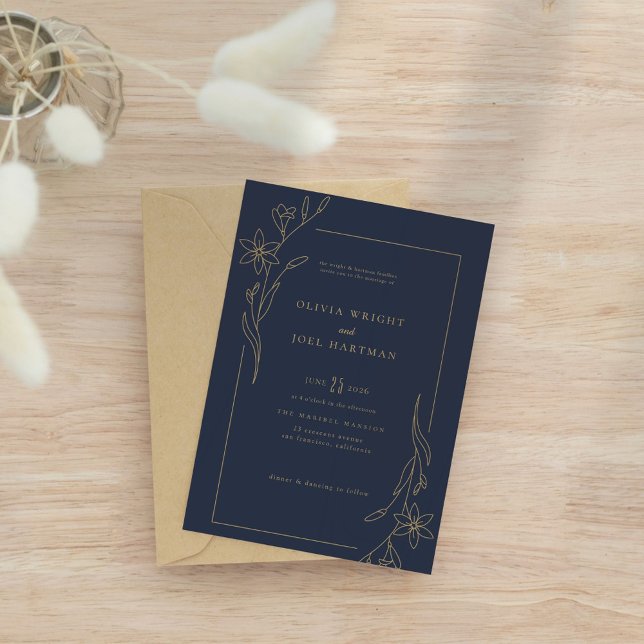 Invitation Elégant Mariage de cadre bleu marine et or floral (Créateur téléchargé)