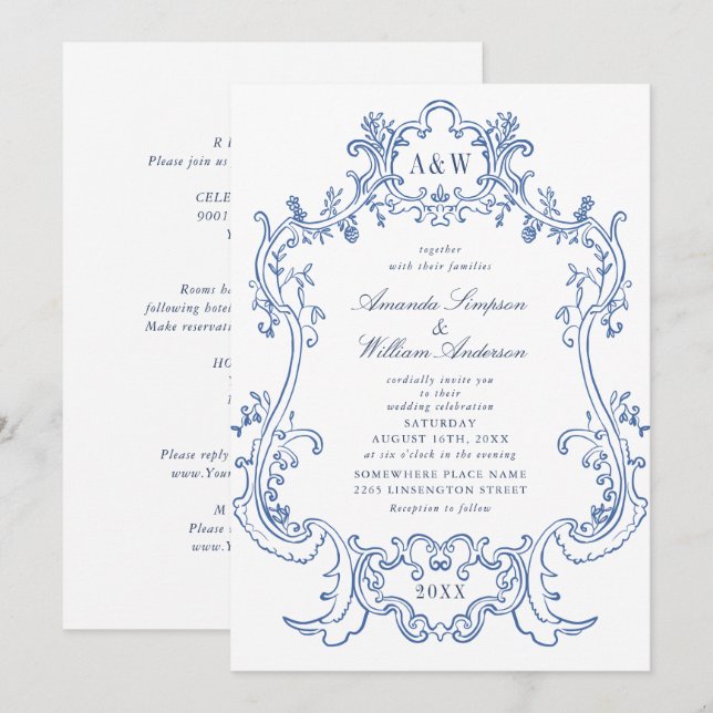 Invitation Elégant Mariage de cadre décoratif bleu Dusty Baro (Devant / Derrière)