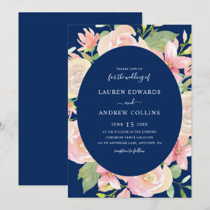 Invitation Elégant Mariage de cadre floral bleu bleu marine