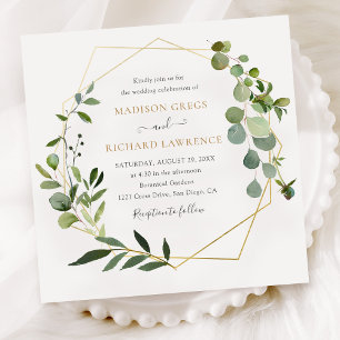 Invitation Elégant Mariage de cadre géométrique or verdure