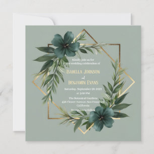 Invitation Elégant Mariage de cadre géométrique or verdure