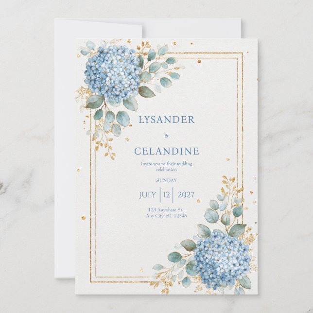 Invitation Elégant Mariage de cadre or Azure Hydrangea (Devant)