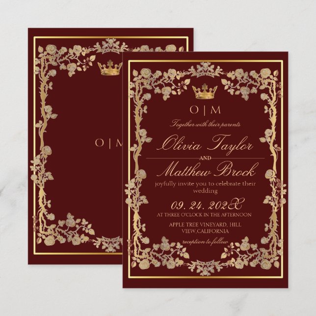 Invitation Elégant Mariage de cadre orné or et bordeaux (Devant / Derrière)