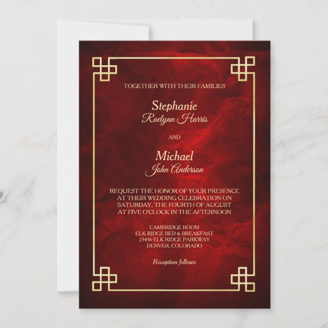 Invitation Élégant Mariage de cadre Red Gold (Devant)