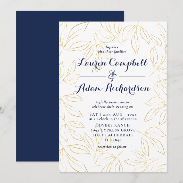 Invitation Élégant Mariage de calligraphie de la flotte d'or  (Devant / Derrière)