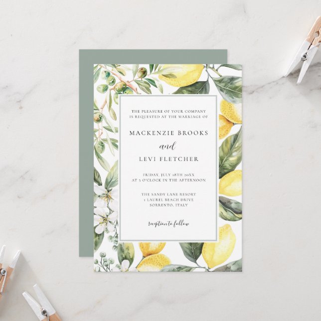 Invitation Elégant Mariage de citron de jardin méditerranéen (Devant/Arrière en situation)
