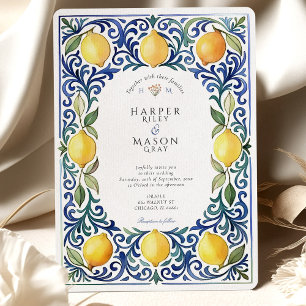 Invitation Élégant Mariage de citron et carrelage bleu médite