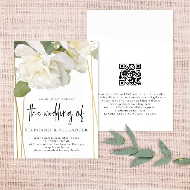 Invitation Élégant Mariage de code QR Rose blanche (Créateur téléchargé)