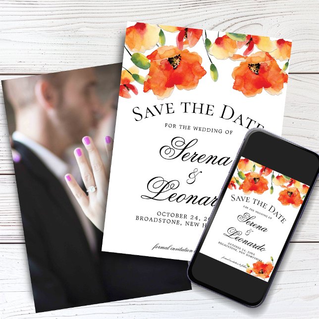 Invitation Elégant mariage de coquelicot doré Enregistrer la  (Elegant Golden Poppy Wedding Save the Date with Digital Download Option)