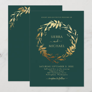 Invitation Élégant Mariage de couronne dorée Emerald Green
