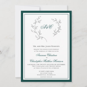 Invitation Élégant Mariage de couronne Emerald Green Monogram