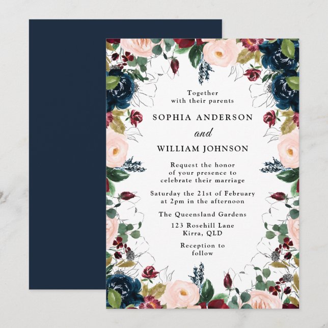 Invitation Élégant Mariage de couronne florale Burgundy Blush (Devant / Derrière)