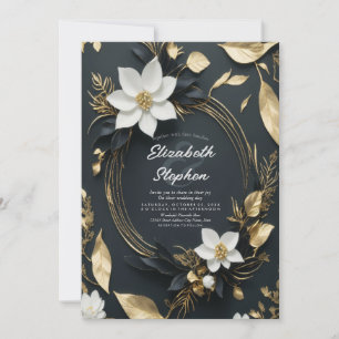 Invitation Élégant Mariage de couronnes florales noir blanc e