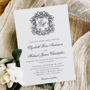 Invitation Élégant Mariage de crête de monogramme noir et bla
