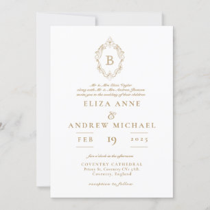 Invitation Élégant Mariage de crête de monogramme or et blanc
