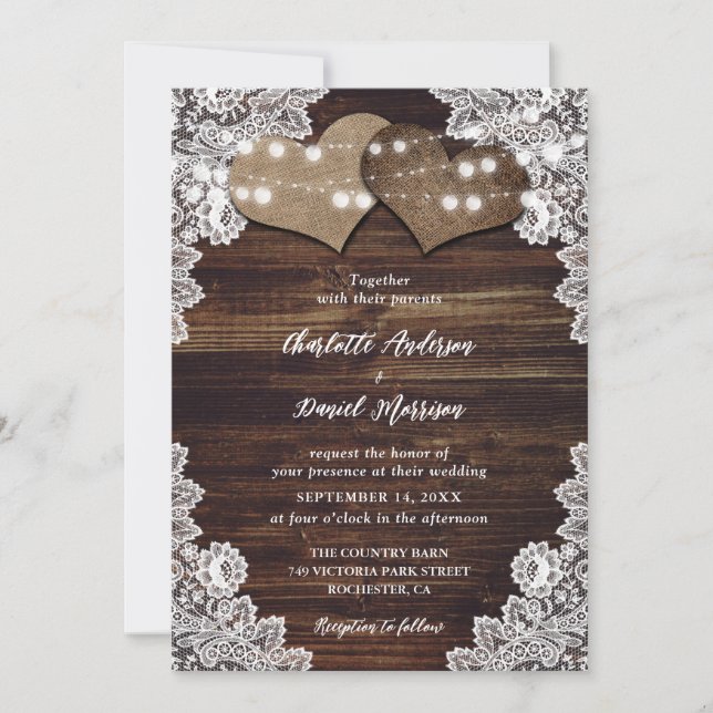 Invitation Élégant Mariage de dentelle de bois rustique (Devant)