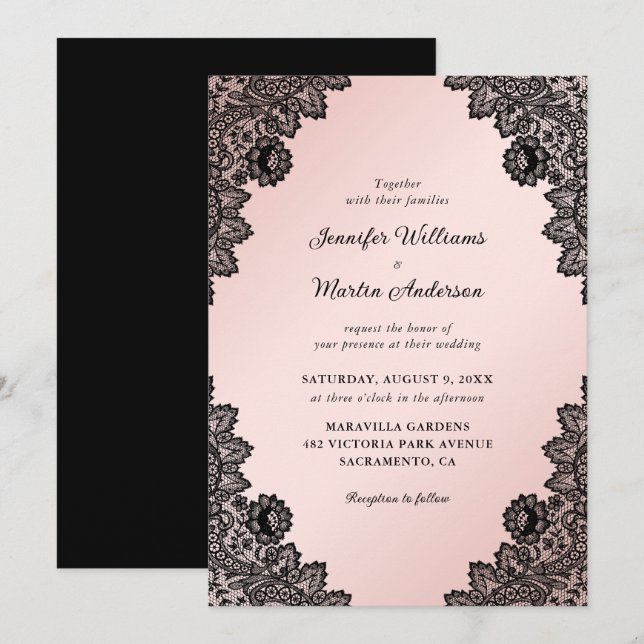 Invitation Élégant Mariage de dentelle florale noire et rose  (Devant / Derrière)