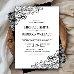Invitation Élégant Mariage de dentelle noir et blanc