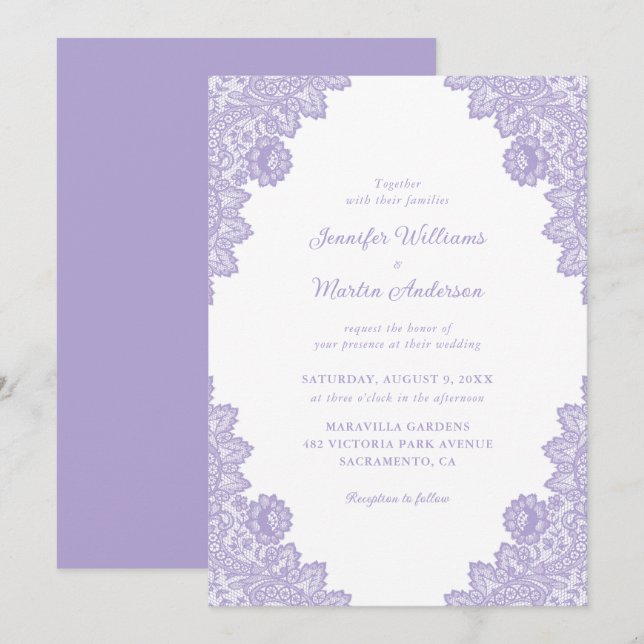 Invitation Élégant Mariage de dentelle violette (Devant / Derrière)