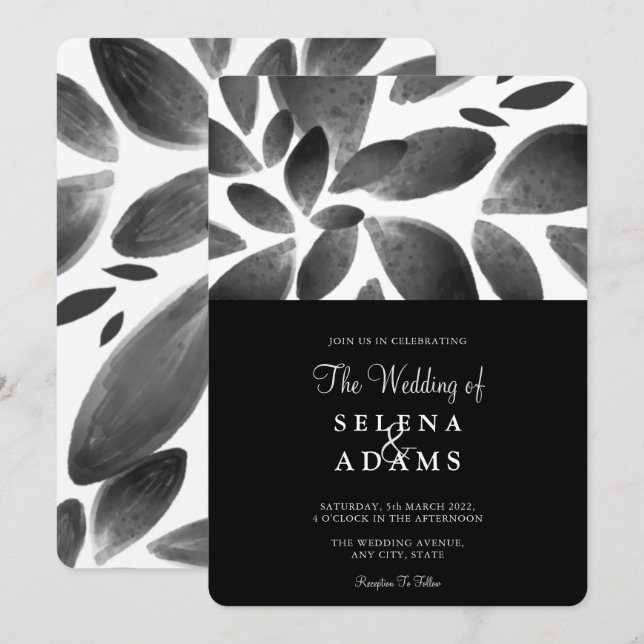 Invitation Elégant Mariage de feuillage noir blanc (Devant / Derrière)