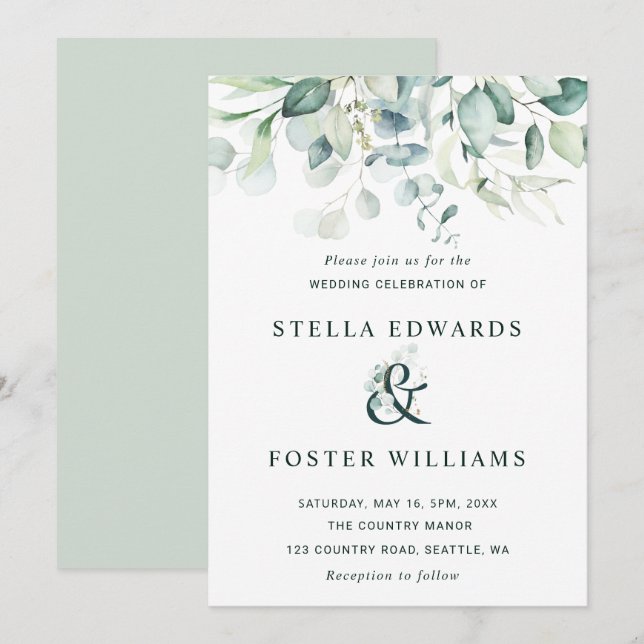 Invitation Élégant Mariage de feuillage vert (Devant / Derrière)