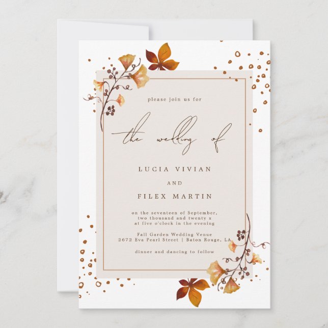 Invitation Elégant Mariage de feuille d'automne doré (Devant)