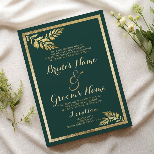 Invitation Élégant Mariage de feuille d'or verte de forêt (Elegant forest green golden leaf Wedding )