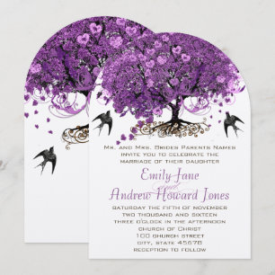 Invitation Élégant Mariage de feuilles d'arbre de coeur pourp