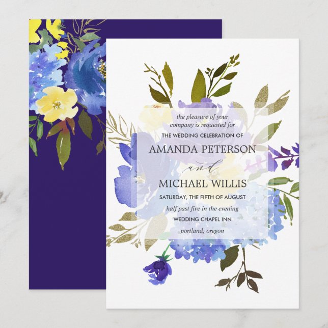 Invitation Élégant mariage de fleurs bleu et jaune ressort (Devant / Derrière)