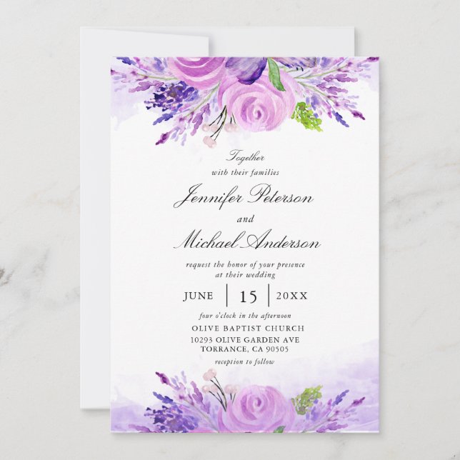Invitation Élégant Mariage de fleurs violettes de lavande (Devant)
