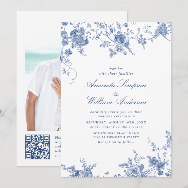 Invitation Élégant Mariage de Floral Bleu Victorien Français (Devant / Derrière)
