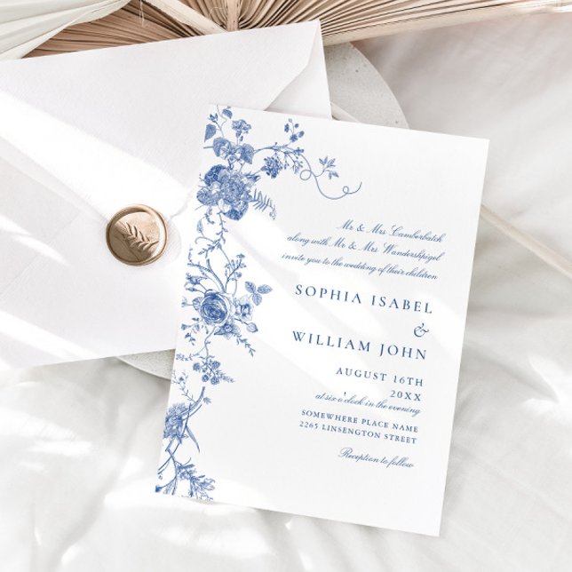 Invitation Élégant Mariage de Floral Bleu Victorien Français (Créateur téléchargé)