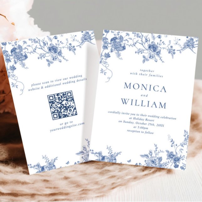 Invitation Élégant Mariage de Floral Bleu Victorien Français (Créateur téléchargé)