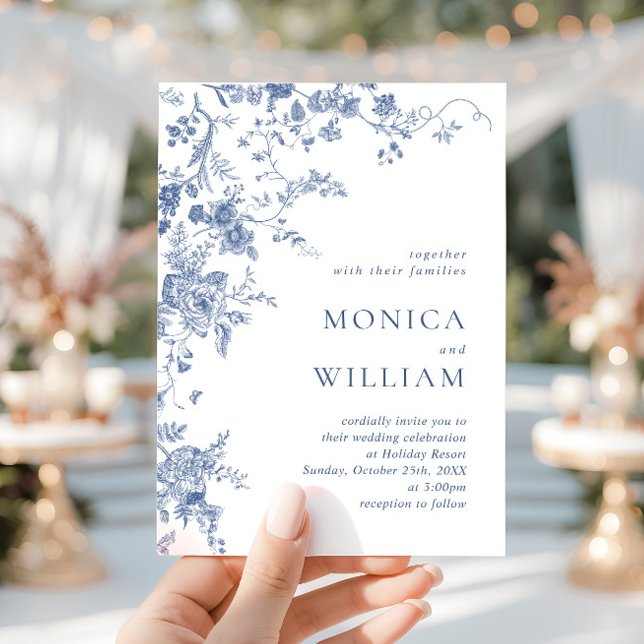 Invitation Élégant Mariage de Floral Bleu Victorien Français (Créateur téléchargé)