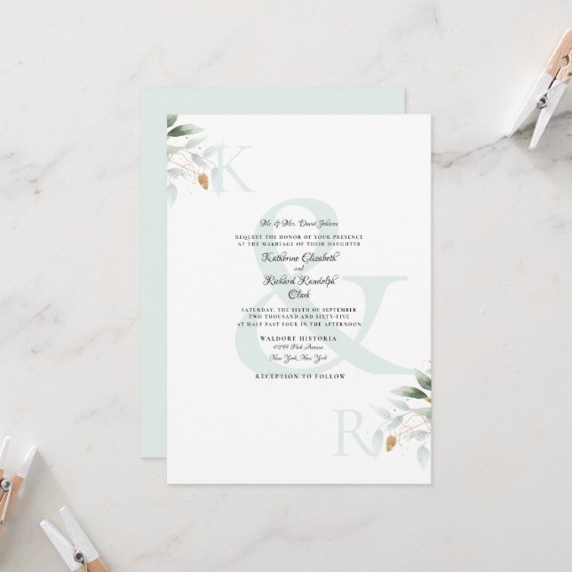Invitation Élégant Mariage de Foliage & Gold Sea Glass (Devant/Arrière en situation)