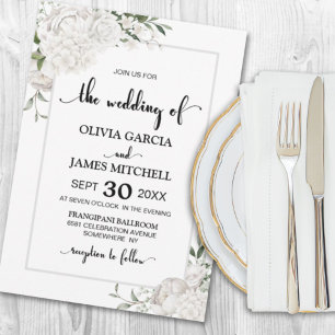 Invitation Élégant Mariage de frontière gris floral blanc