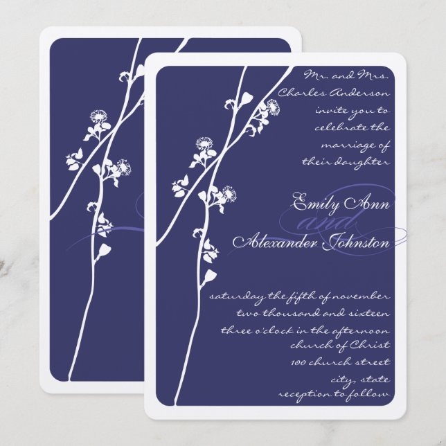 Invitation Élégant Mariage de la Branche de Flore Bleue de la (Devant / Derrière)