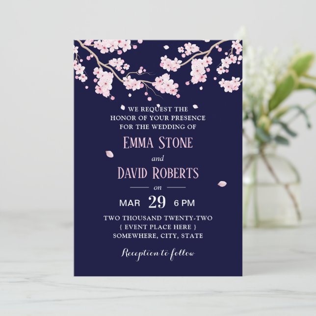 Invitation Élégant Mariage de la marine Blue Cherry Blossom (Debout devant)