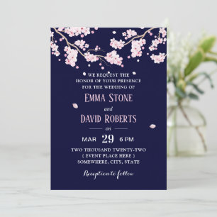 Invitation Élégant Mariage de la marine Blue Cherry Blossom