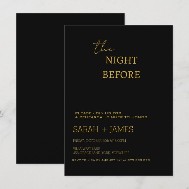 Invitation Élégant Mariage de la répétition Black & Gold (Devant / Derrière)