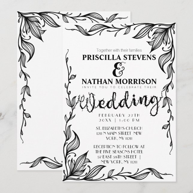 Invitation Élégant Mariage de la vigne florale à dessin noir  (Devant / Derrière)