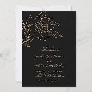 Invitation Élégant Mariage de ligne Art Floral Black Gold