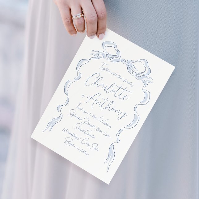 Invitation Élégant Mariage de mâchoire bleu Dusty (Elegant Dusty Blue Hand Drawn Bow Wedding Invitation)