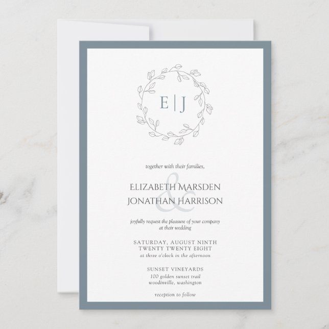 Invitation Élégant Mariage de monogramme de feuille bleue Dus (Devant)