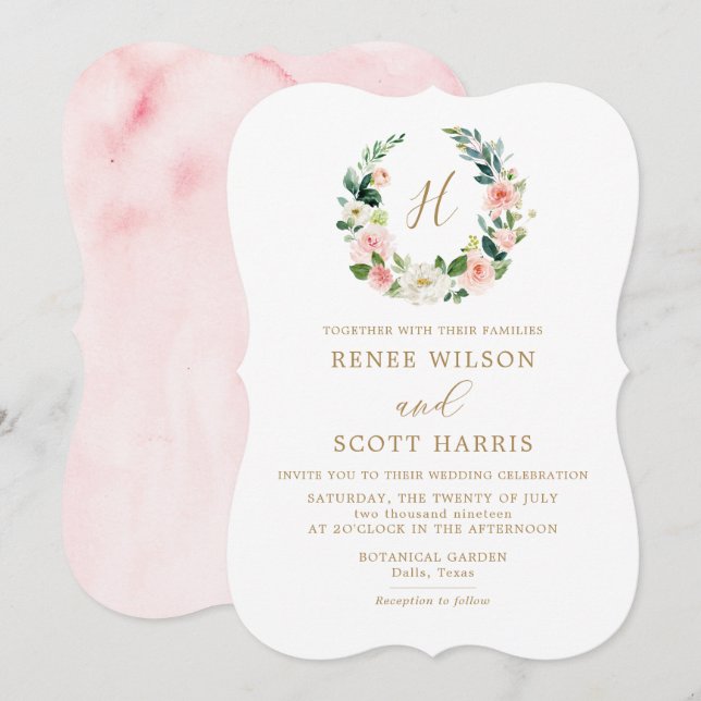 Invitation Elégant Mariage de monogramme floral à l'aquarelle (Devant / Derrière)