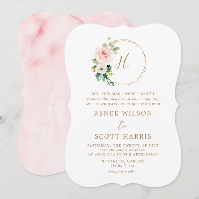 Invitation Elégant Mariage de monogramme floral à l'aquarelle (Devant / Derrière)