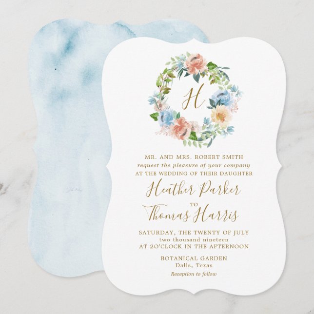 Invitation Élégant Mariage de monogramme floral bleu aquarell (Devant / Derrière)