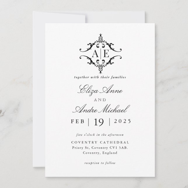 Invitation Élégant Mariage de monogramme noir et blanc (Devant)